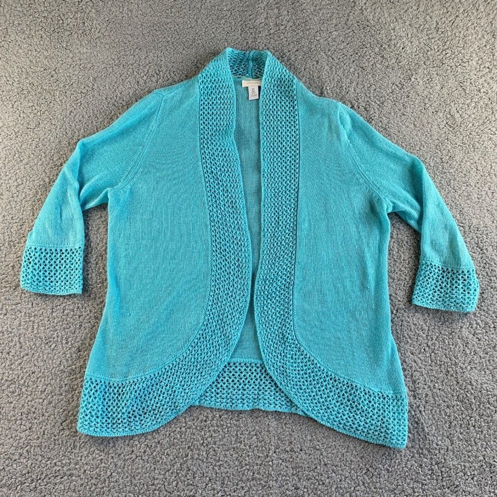 Chicos Open‎ Cardigan Linen Top Womens 0 S/M Crochet Open Knit Blue Beach NEW